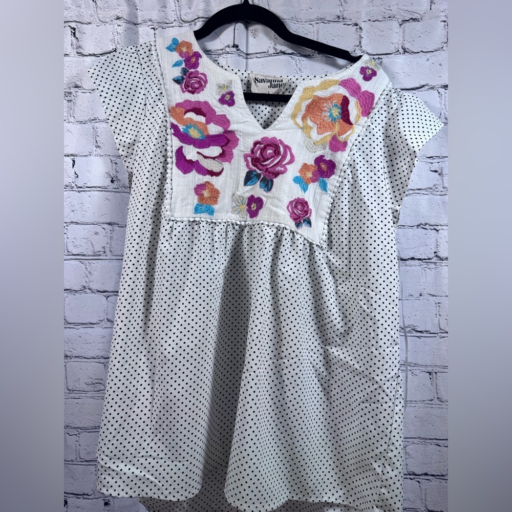 Savanna Jane Floral Embroidered Polka Dot Blouse